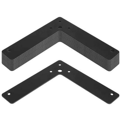 10 Pcs 6 Inch Black L Shaped Corner Brace Mending Plate Steel Flat Anti Corrosion Powder Coat For Long Lasting Support Measures 6 x 6 x 1 1/4 Inches Countersunk Holes 4.5 Mm And 8 Mm Maximum Load Up To 15 Kg. Stacked view of the metal plates.