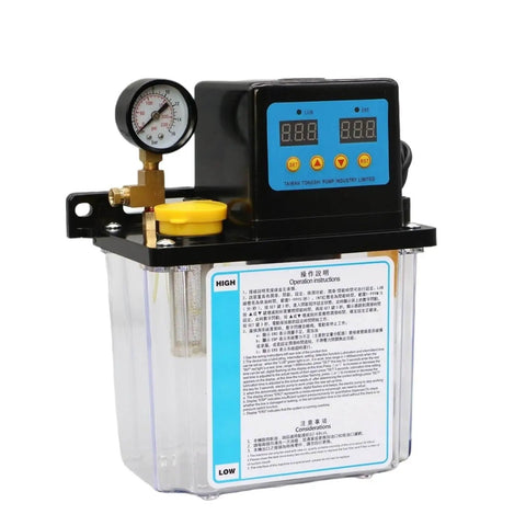 2L CNC Oil Lubrication Pump System with electromagnetic automatic lubrication dual display, front view, 110V-220V compatible.