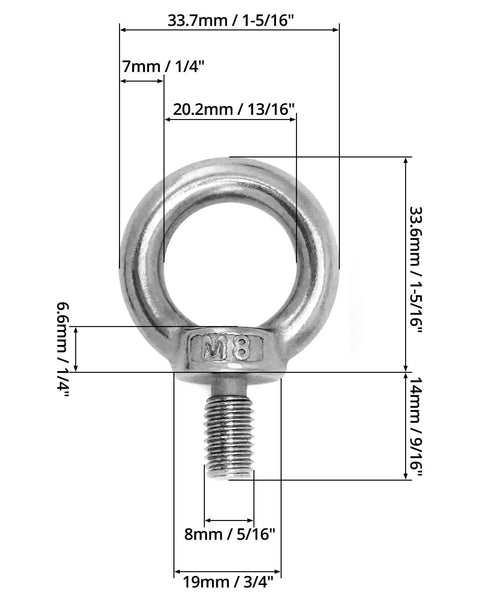 Heavy Duty Lifting Ring Eyebolts Set M8 x 14mm 304 Stainless Steel Threaded Eyebolts Eye Nut Fasteners with dimensions