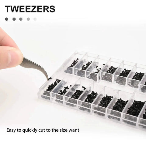 Tweezers picking up a tiny screw from a 630 Pcs Tiny Micro Repair Screw Kit Pocket Sized With 18 Sizes Micro Screws Mini Screwdriver