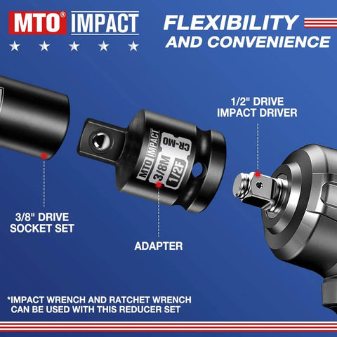 Four Piece Impact Socket Adapter And Reducer Set For One Quarter, Three Eighths, And One Half Inch Drives, built tough from chrome molybdenum alloy steel.