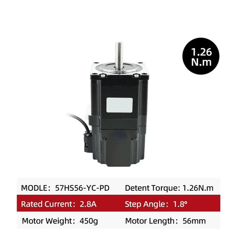Front view of black NEMA 23 stepper motor, 56 mm length, 2.8 A, 1.26 N·m torque