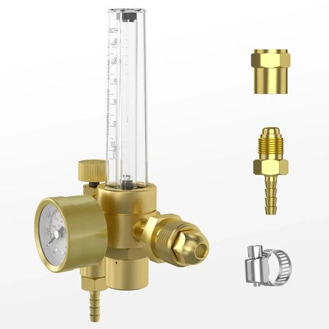 Argon CO2 MIG TIG Flow Meter Gas Regulator Gauge With CGA 580 Inlet Nut showing components for leak-free welding setup