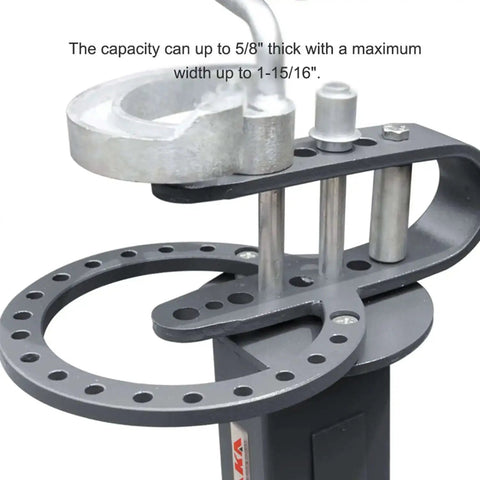 Close-up of Floor Type Compact Metal Bender With 38 Inch Stand and Large Base Plate 14 Dies showing adjustable arm and capacity details