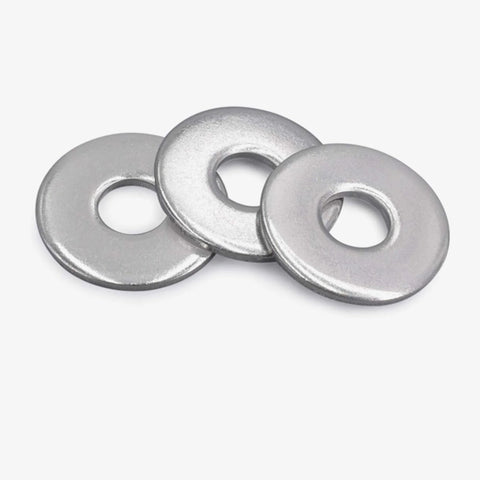 Three 304 stainless Fender flat washers, 1 in outer diameter, 3/8 in hole, 0.080 in thick.
