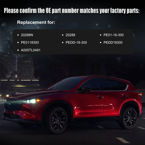 Red SUV parked at night with part numbers for Alternator Replacement For Mazda Vehicles, Direct Fit 2.0L And 2.5L Engines.