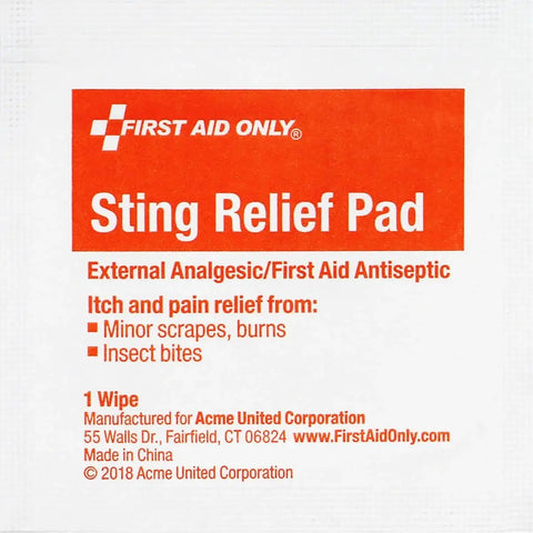 Sting relief pad from On The Go Emergency First Aid Kit For Home Work And Travel Featuring 13 Pieces Including Antiseptic Wipes Sting Relief Wipes Gauze Pads And Various Bandages In A Lightweight Portable Case By First Aid Only PhysiciansCare