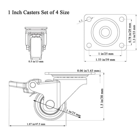 Technical diagram of 1 Inch Plate Caster Wheels Low Profile Swivel Casters Set Of 4 Heavy Duty 99 Lb Capacity With Brakes