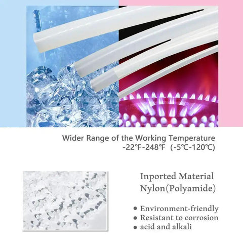 4mm OD Nylon Pneumatic Air Line Tubing Clear 32.8 Ft Long showing temperature range from ice to flame, SAE J844 Tubing