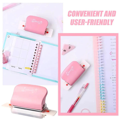 Adjustable 6 Hole Punch for Diary Planner with positioning mark, fits A5 A6 A7 paper, shown with notebooks and craft supplies