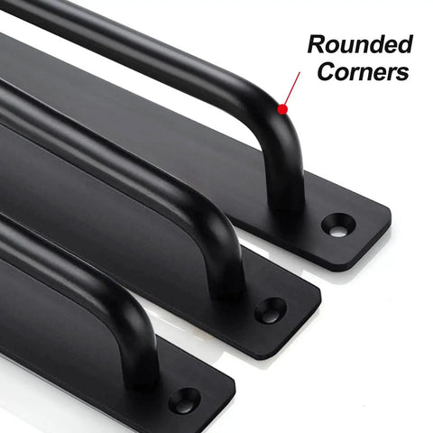 Close-up of 12 Pack Matte Black Cabinet Handles 5 Inch 128 mm showing rounded corners, durable aluminum drawer cupboard pulls for sliding doors.