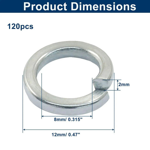Dimensions of 120 Pcs M8 Split Lock Washers 304 Stainless Steel Spring Lock Washers With Plastic Box Rust Resistant Durable Fastener Set For DIY Projects Auto And Home Improvement