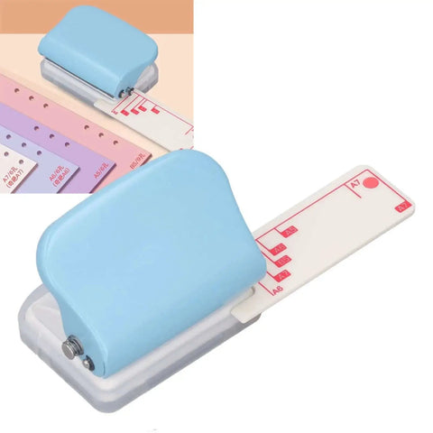 3 Hole Paper Puncher for Office or DIY Projects with adjustable guide, handheld 5 sheet capacity, fits B5 to A4 paper, durable metal body.