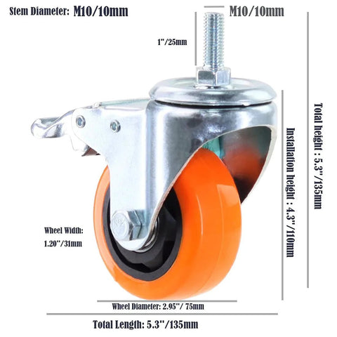 M10 Threaded Stem Caster Wheels Set 1.5x25mm Dual Locking No Noise PVC Casters For Workbench Dolly And Furniture 3 Inch Orange