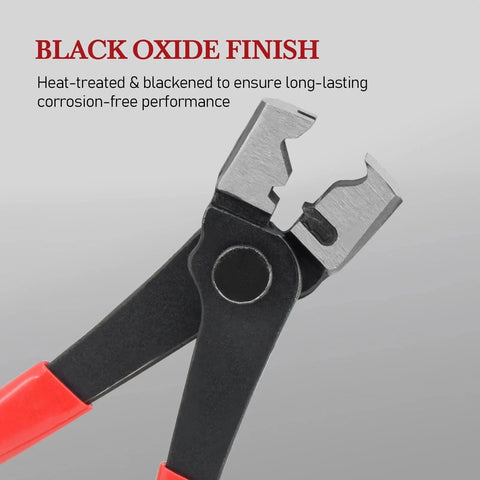 Close-up of a 9 Piece Hose Clamp Pliers Set With Flexible Long Reach For Automotive Coolant Radiator Heater And Water Lines Locking Mechanism Carbon Steel With Black Oxide Finish Ergonomic Grip Red Auto Clamp Removal Tool Kit showing the black oxide finish.