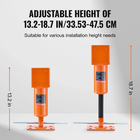 Adjustable Screw Jack Post 13.2 To 18.7 Inch Height 4x4 Leveling Jack 24700 Lb, shown in two height positions, orange steel.