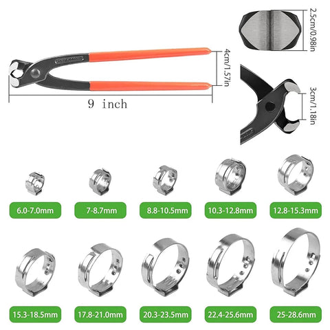 9 Inch Ear Clamp Pliers For Hose And Pipe Clamps Pinch Pincers Crimping Tool With Non Slip PVC Handles Durable CR V Chrome Vanadium Steel Built For Nail Pulling And Precise Crimping shown with various clamp sizes and details