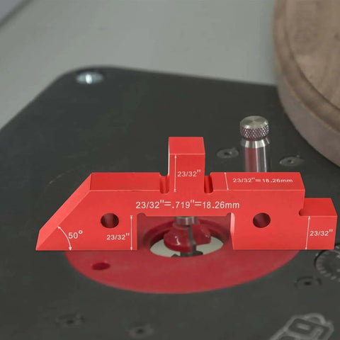 Close-up of Table Setup Blocks for Woodworking, 14pc Aluminum Alloy Precision Bar Kit for Height, Depth, Angle, and Fence Alignment, Router and Saw Accessories for DIY Pros, with Durable Storage Case, showing red blocks on a tool surface.
