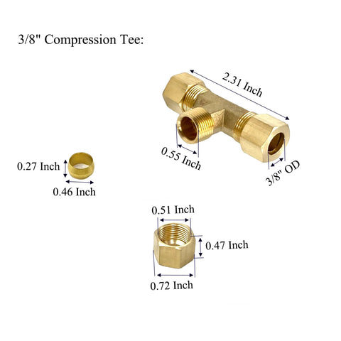 Two-pack brass 3/8 in compression tee fittings for copper tubing with 3/8 in OD ports.