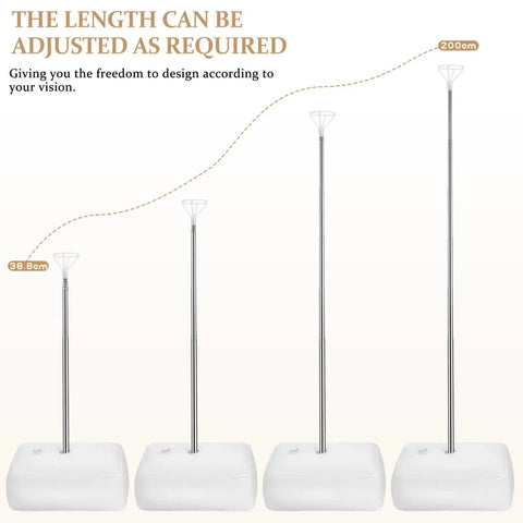 Balloon Column Stand Kit With Adjustable Poles And Bases For Balloon Sizes, showing adjustable heights from 38.8cm to 200cm.