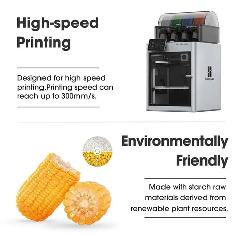 High-speed 3D printer next to corn, highlighting eco-friendly PLA Basic Filament 1.75mm for fast printing, renewable materials.
