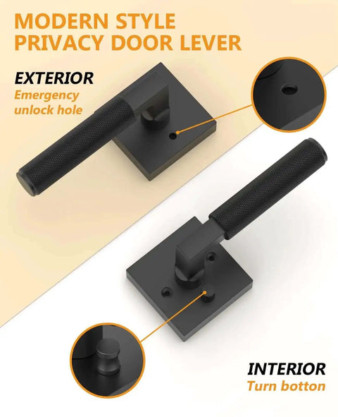 4 Pack Black Privacy Door Handles Set With Inside Button Levers for Bedroom and Bathroom showing emergency unlock hole and turn button
