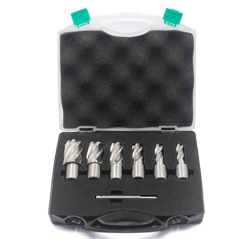 7 Piece Annular Cutter Set With Weldon Shank For Magnetic Drill Press Beefy Hole Cutter Kit in carrying case