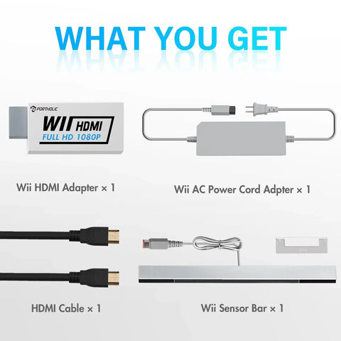 Image of 4 in 1 Wii Cable Set Bundle for Nintendo Wii with HDMI converter, power adapter, wired sensor bar, and composite AV cable.