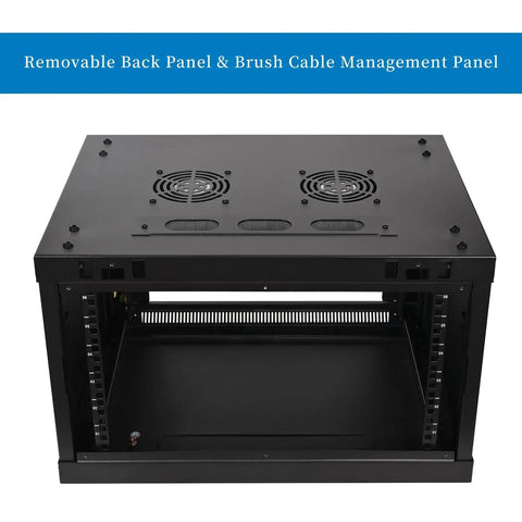 6U Wall Mount Server Cabinet Enclosure With Quiet Cooling Fans 2x, Brush Cable Management Panel, Adjustable Rails, Black Finish