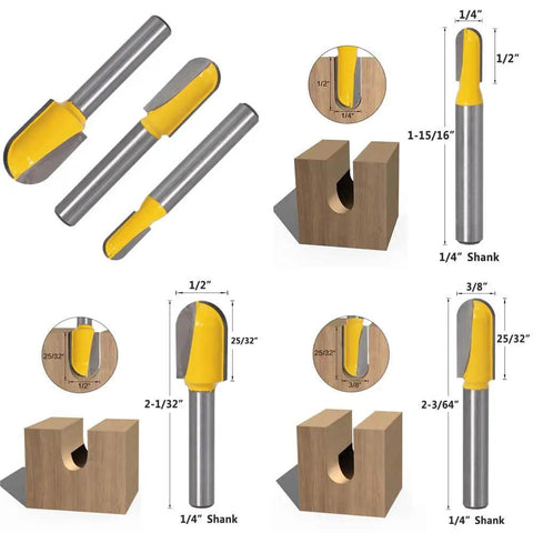 Six-Piece One Quarter Inch Shank Pro Grade Carbide Router Bit Set With Ninety Degree V-Groove And Round Nose Bits for woodworking.