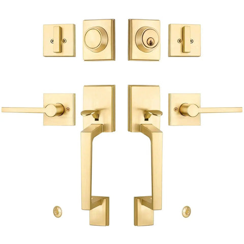 Double Front Door Handle Set With Satin Brass Exterior Lock Front Door Handle And Single Cylinder Deadbolt Heavy Duty Door Hardware Set