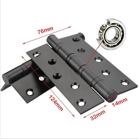 Close-up of 5-inch matte black stainless steel ball bearing door hinge with dimensions, showing rust-resistant square corner design.