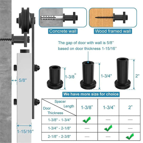 Sliding Barn Door Track Spacer 1-3/4 Inch Replacement Assemblies Connecting Kit Adjustable Carbon Steel Connectors with Lag Bolts shown against concrete and wood wall illustration.