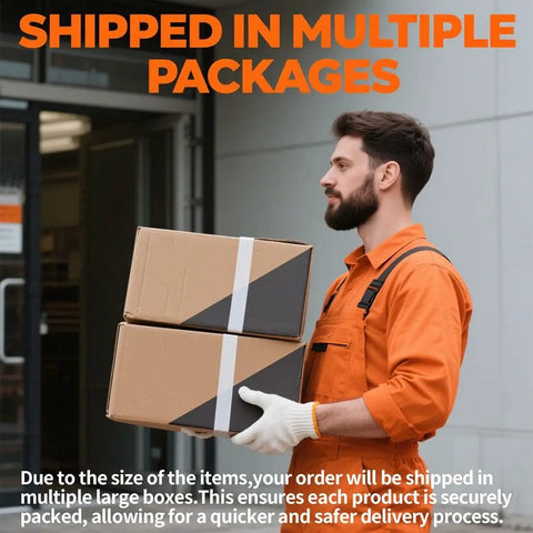 Delivery worker carrying two large packages labeled 'Shipped in Multiple Packages' near a warehouse entrance.