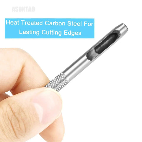 Close-up of a hand holding a carbon steel punch from the 6 Piece Hollow Leather Hole Punch Set for Belts and Watch Bands