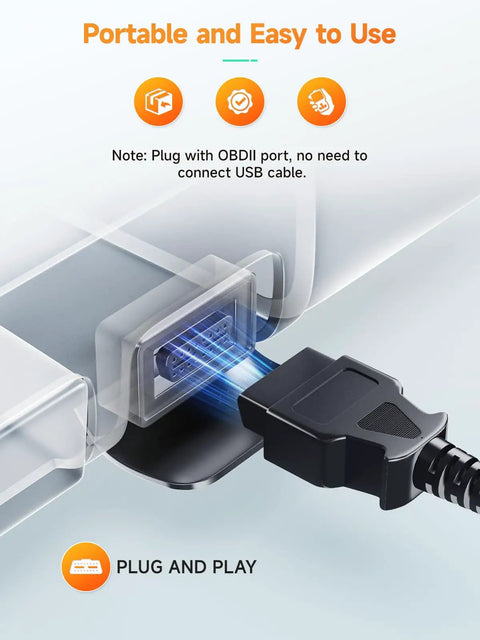 Close-up of the Enhanced OBD2 Scanner For Check Engine Light Reads Codes Fast With ANCEL AD410 Vehicle Code Reader plugged into an OBDII port.