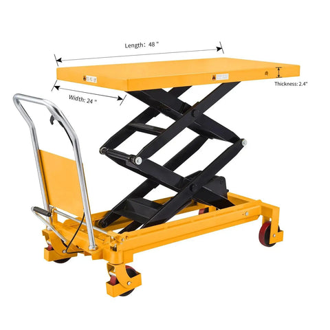 APOLLO lift table cart; yellow platform, black scissor arms, manual hydraulic, 1760 lb capacity, 59 in lift height