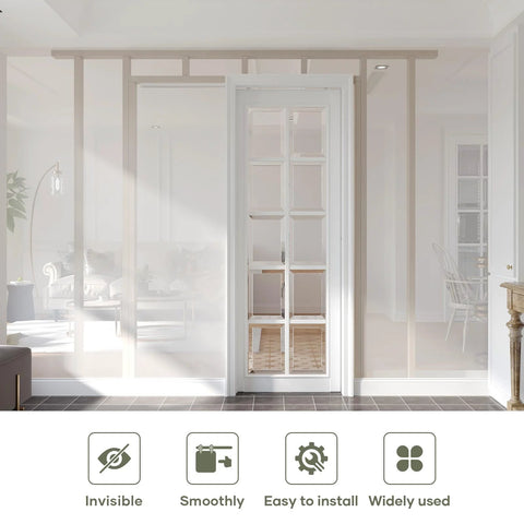 Five Point Three Foot Sliding Pocket Door Hardware Kit For Commercial Grade Aluminum Box Rail Track With Quiet Smooth Rollers And Easy Install Fits Twenty Three To Thirty Two Inch Wide Single Doors installed view
