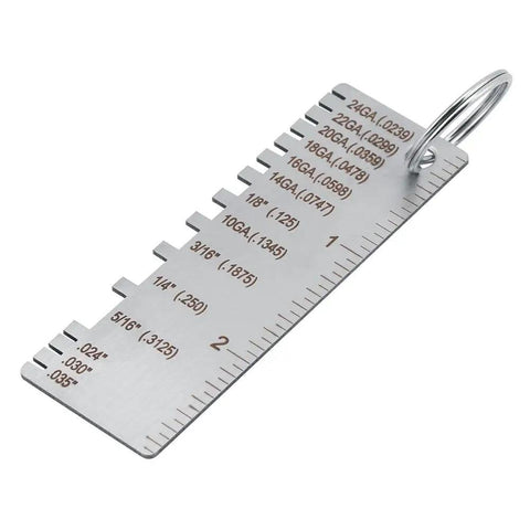 Stainless Steel Thickness Gauge For Welding And Metal Fabrication Pro Grade DIY Friendly Tool Measures 24GA 22GA 20GA 18GA 16GA 14GA On Steel Sheet And Wire, close-up of measurements.