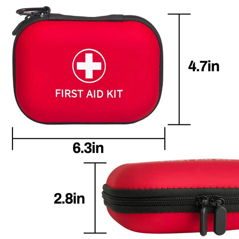 On The Go 138 Piece Mini First Aid Kit Prelady Travel Size For Car Hiking And Home TSA Approved red compact case with size dimensions