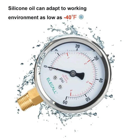 60 Psi Silicone Oil Filled Pressure Gauge For Water Oil And Air Systems With A Two And A Half Inch Stainless Steel Case And Lower Mount NPT submerged in water.