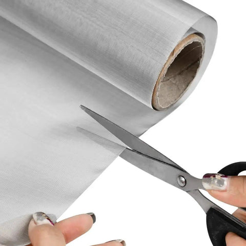 Premium 304 Stainless Steel Woven Wire Mesh Filter Screen 200 Mesh For Filtration Cloth 12 By 40 Inches being cut with scissors