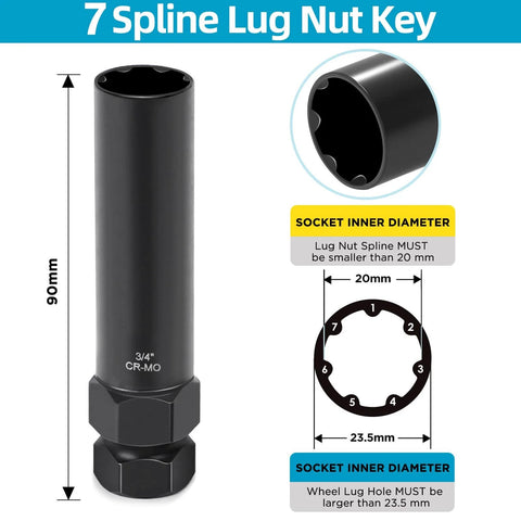 7-spline lug nut key with diagram, measurements, and specifications for Two Piece 6 And 7 Spline Lug Nut Socket Set With Wheel Lock Key