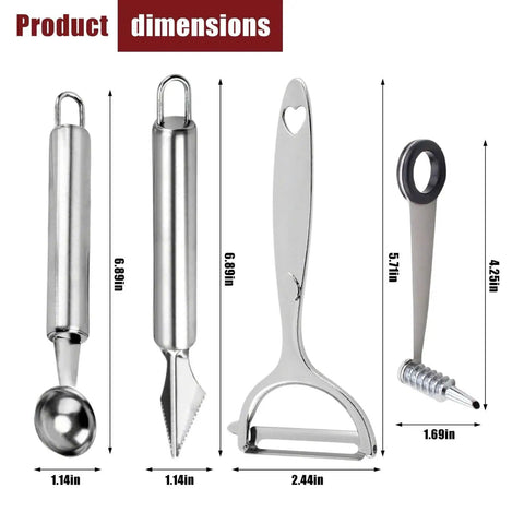 4 In 1 Kitchen Spiral Cutter V Cut Crinkle Knife and Vegetable Peeler Set in silvery finish showing product dimensions.