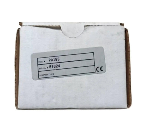 Front view of PA155 electric proportional valve packaging box, model PA155, serial 89324, CE mark.