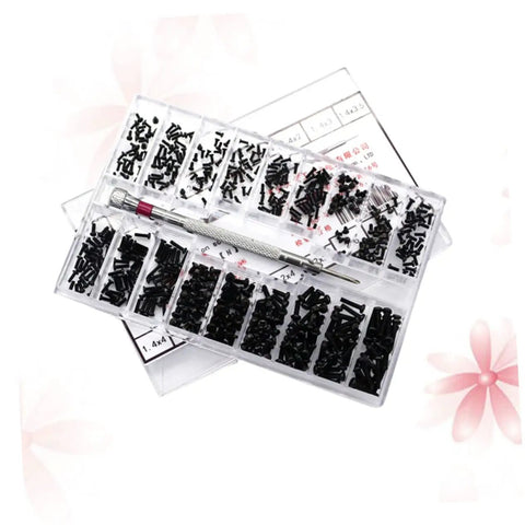 Miniature Screw Set With 18 Sizes, Flat Head Screws, Clear Storage Case, screwdriver included, organized compartments, top view