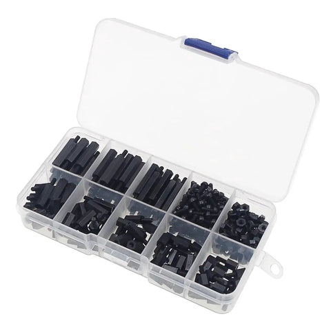 320 Piece M2.5 Nylon Hex Spacer Standoff Kit With Screws And Nuts In Black For DIYers And Makers in plastic storage box, assorted sizes.