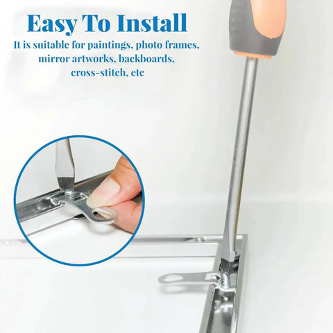 Close-up of 18 Pcs Silver Metal Picture Frame Hardware Kit installation with screwdriver on corner bracket.