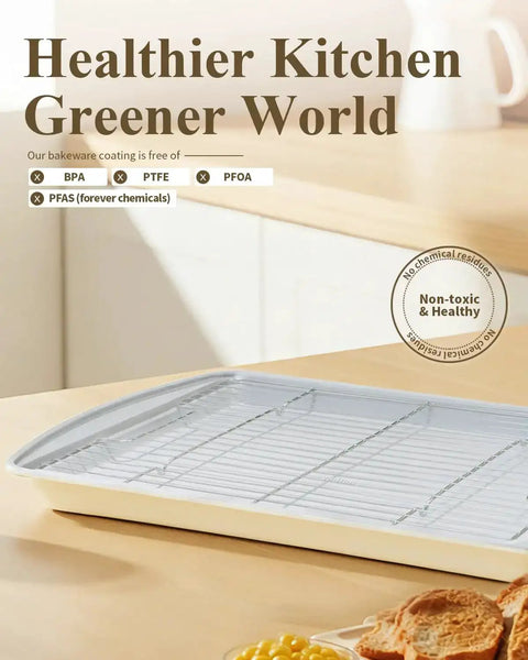 Nonstick Crisp Baking Tray With Wire Rack 15x10 Jelly Roll Pan Ceramic Coating Aluminized Steel Oven Safe Up To 550 Fahrenheit