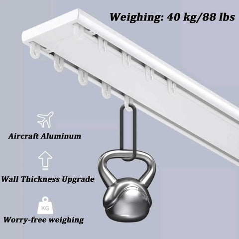Heavy Duty Double Row Ceiling Curtains Track Silent Curtain Rail For Ceiling Double Track With Smooth Sliding Rails System Ideal For Room Dividers Bedroom And Shower Black Finish Aluminum Alloy Durable Wear Resistant 5.6m 18.4ft with kettlebell hanging to demonstrate strength